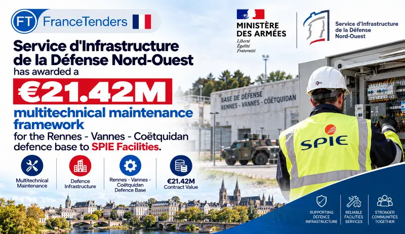 Service d'Infrastructure de la Défense Nord-Ouest has awarded a €21.42M multitechnical maintenance framework for the Rennes - Vannes - Coëtquidan defence base to SPIE Facilities.