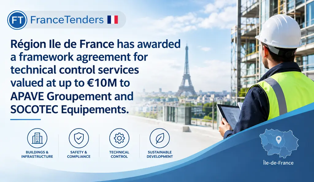 Région Ile de France has awarded a framework agreement for technical control services valued at up to €10M to APAVE Groupement and SOCOTEC Equipements.