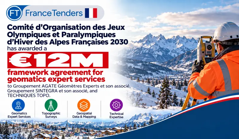 The Comité d'Organisation des Jeux Olympiques et Paralympiques d'Hiver des Alpes Françaises 2030 has awarded a €12M framework agreement for geomatics expert services to Groupement AGATE Géomètres Expe